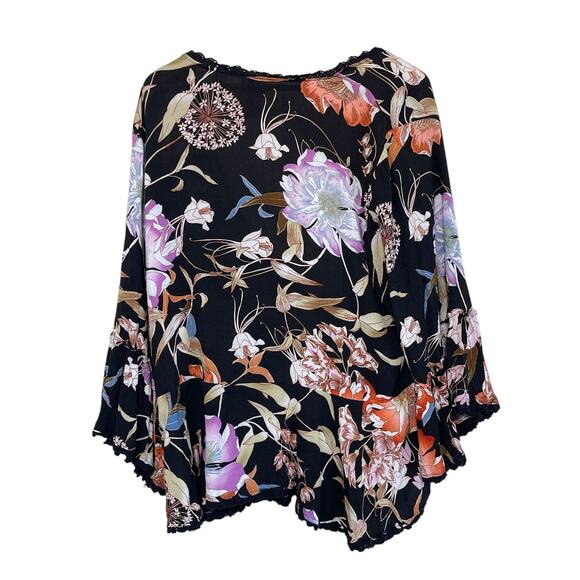 Knox Rose Large Black Floral Bell Sleeve Lace Trim Open Tie Front Cardigan Large - Picture 3 of 7